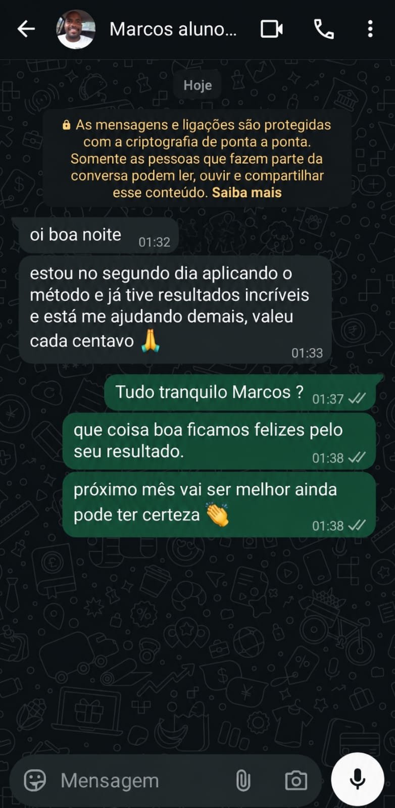 Print de conversa no WhatsApp com o aluno Marcos